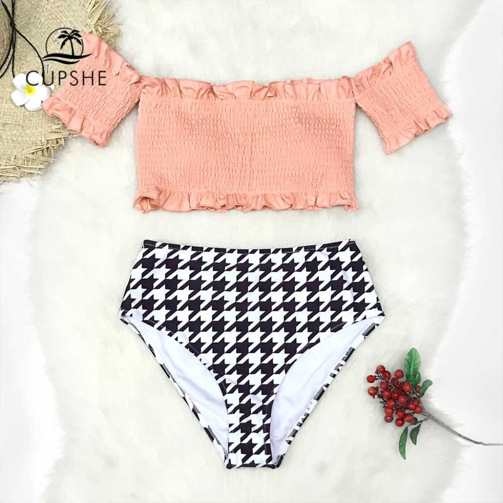 Cupshe Pink Smocked & Hound's Tooth Bikini - Picture 1 of 6